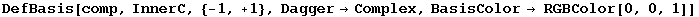 DefBasis[comp, InnerC, {-1, +1}, Dagger&rarr;Complex, BasisColor&rarr; RGBColor[0, 0, 1]]