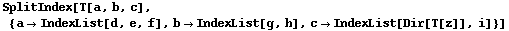 SplitIndex[T[a, b, c], {a&rarr;IndexList[d, e, f], b&rarr;IndexList[g, h], c&rarr;IndexList[Dir[T[z]], i]}]